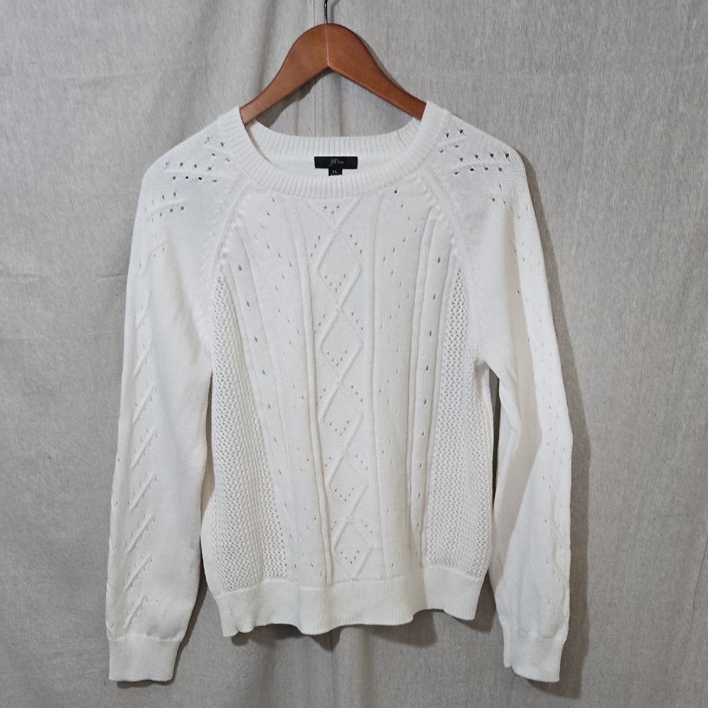 J. Crew White Crew Neck Sweater with Cable Knit Design